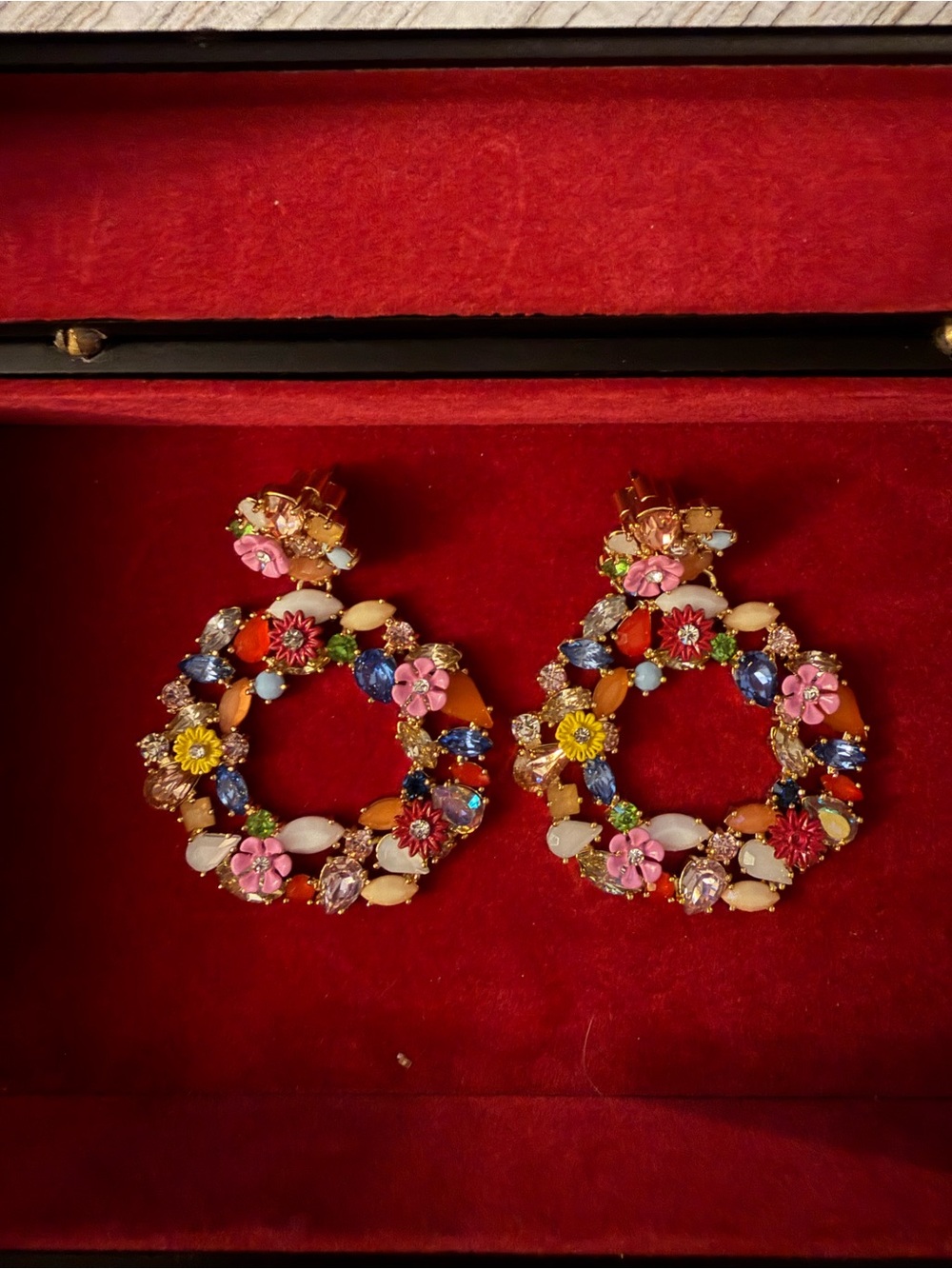 J. Crew Multicolor Floral Hoop statement Earrings in Gold-Tone